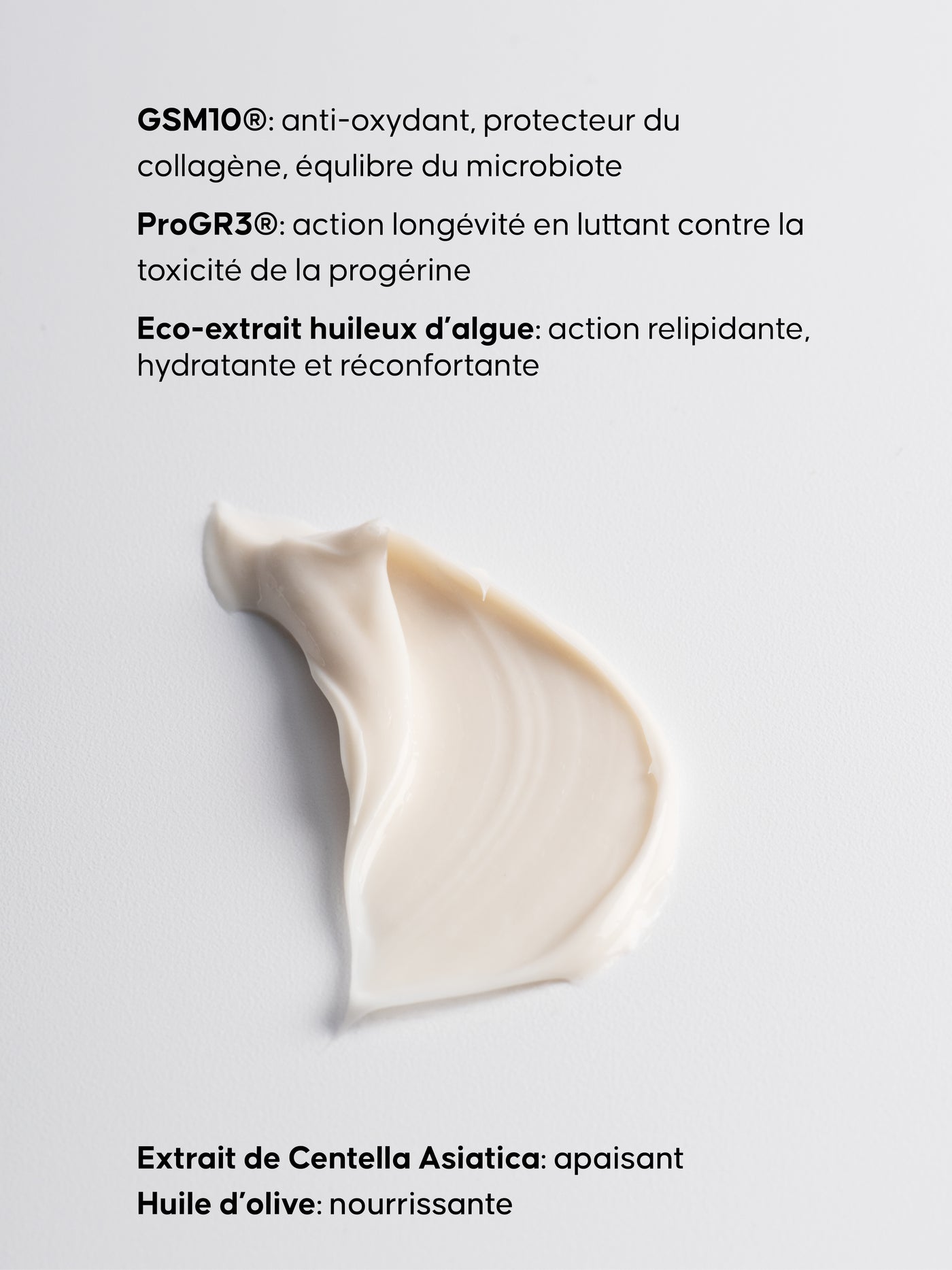 Texture de La Crème Riche étalée sur un fond blanc, accompagnée d’un texte présentant ses actifs comme GSM10®, ProGR3® et un éco-extrait huileux d’algue